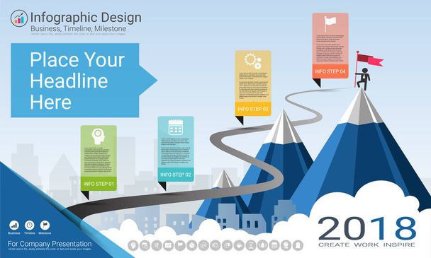 Milestone timeline infographic design, Road map or strategic plan to define company values, Used for scheduling in project management to mark specific points along a project timeline you have created. - Vector, Image