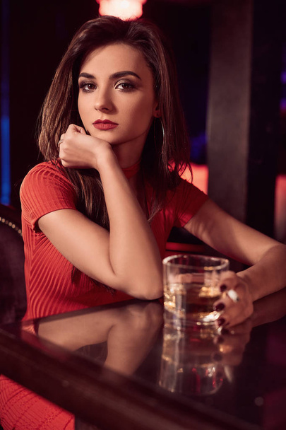 Gorgeous beauty young brunette woman in red dress with cigarette - Φωτογραφία, εικόνα