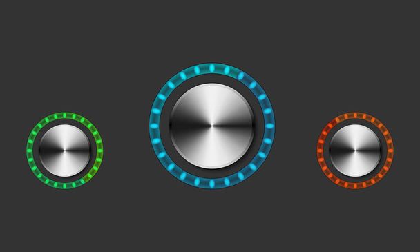 Controles de volume de metal redondo com luz de fundo. Conjunto de botões misturadores coloridos com luzes de néon coloridas
. - Vetor, Imagem