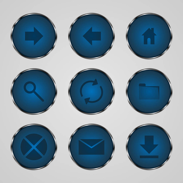 Set of blue glass icons with metal outline. Round vector button icons. - Vector, Imagen