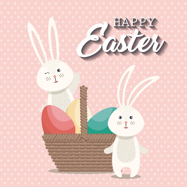 niedliche Kaninchen glückliche Osterkarte - Vektor, Bild