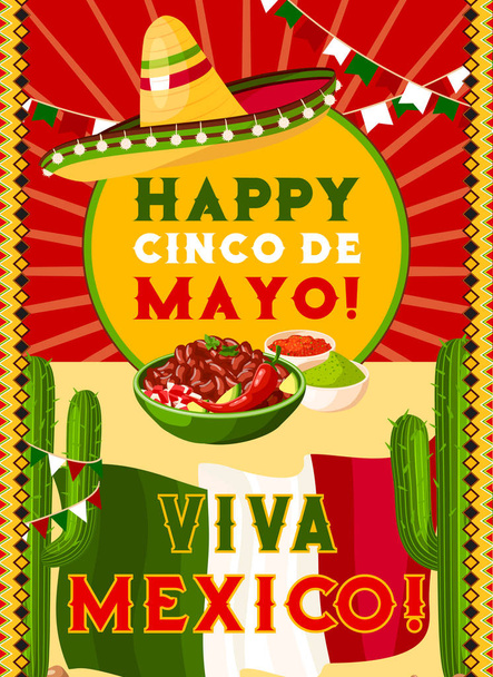 Carte Cinco de Mayo avec drapeau mexicain, nourriture de fête
 - Vecteur, image