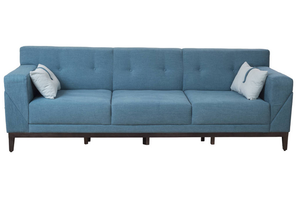 Tre posti accogliente divano dal design moderno con tessuto color turchese e cuscini azzurri isolati su sfondo bianco
 - Foto, immagini