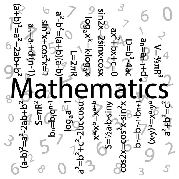 Satz grundlegender mathematischer Formeln auf dem Hintergrund von Primzahlen. In der Mitte des Bildes steht der Name "Mathematik" und vertikal gezeichnete Formeln. Vektorillustration - Vektor, Bild