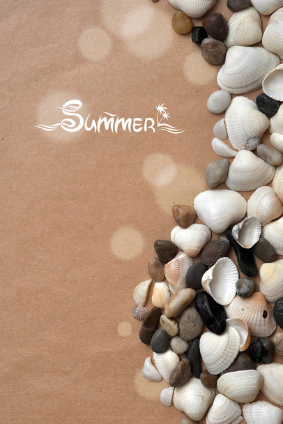 Summer, beige, light background with shells and sea pebbles - Foto, Imagem