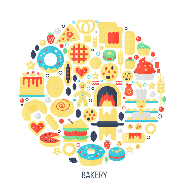 Pékség péksütemény lapos infographics ikonok a kör - szín fogalma szemlélteti a varrás a fedelet, a jelkép, a sablon. - Vektor, kép