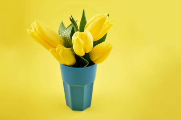 Tulipanes amarillos en jarrón azul imágenes de stock. Tulipanes amarillos sobre fondo amarillo. Decoración floral de primavera. Concepto de fondo primavera. Ramo de tulipanes amarillos en jarrón
 - Foto, imagen