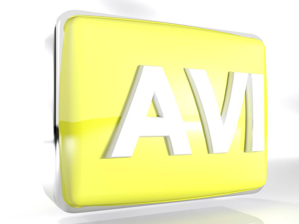 Un icono para archivos GIF: una caja redondeada amarilla con una línea de borde cromado tiene el AVI de escritura en su cara frontal: ilustración de renderizado 3D
 - Foto, Imagen