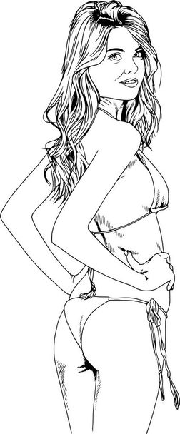 beautiful slim girl in a swimsuit drawn in ink by hand on a white background logo - Vektör, Görsel