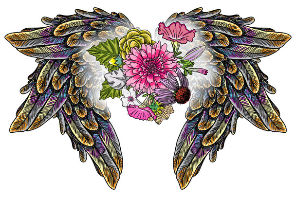 Ornate fashioned wings and elegant vintage flower bouquet, isola - Vector, Image