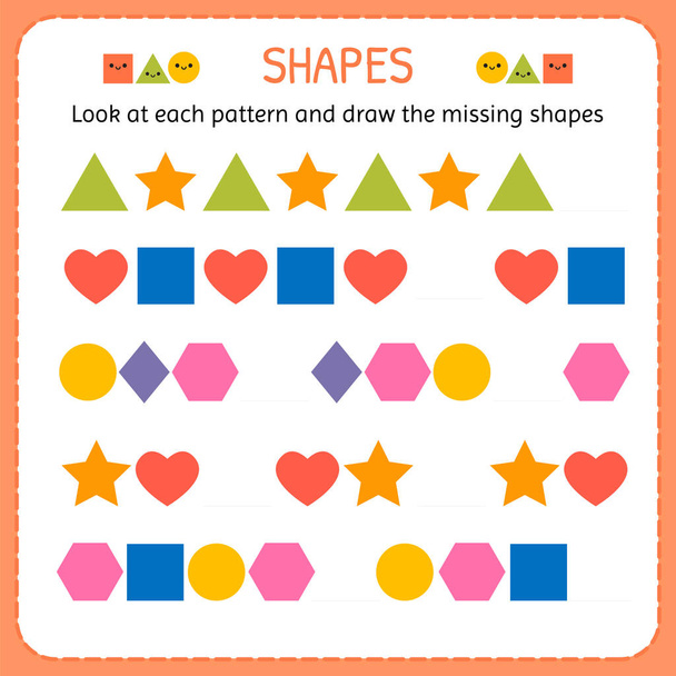 Olhe para cada padrão e desenhe as formas que faltam. Aprenda formas e figuras geométricas. Planilha pré-escolar ou de jardim de infância
 - Vetor, Imagem