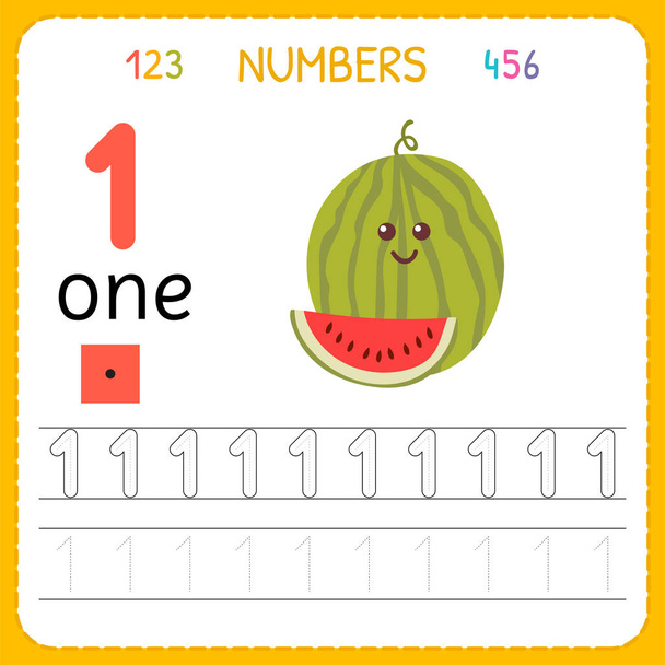 Hoja de trabajo de trazado de números para preescolar y jardín de infantes. Escribiendo el número uno. Ejercicios para niños. Juegos de matemáticas
 - Vector, Imagen