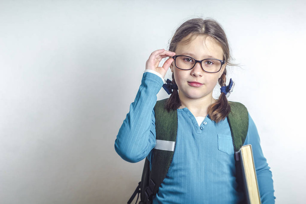 Ένα έξυπνο κορίτσι με γυαλιά και βιβλία, μια μαθήτρια. - Φωτογραφία, εικόνα