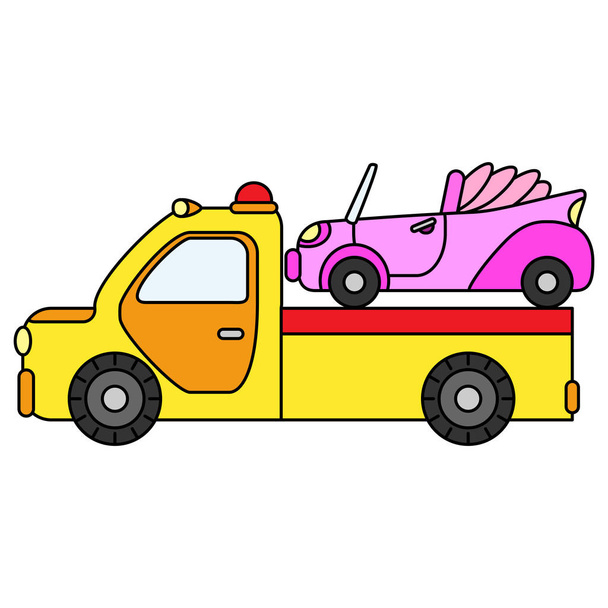Colorful towing truck for transportation emergency cars. Illustration isolated on white background - Vetor, Imagem