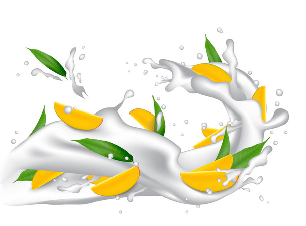 Плеск молока 3D иллюстрация с ломтиками манго, персик, абрикос
 - Вектор,изображение