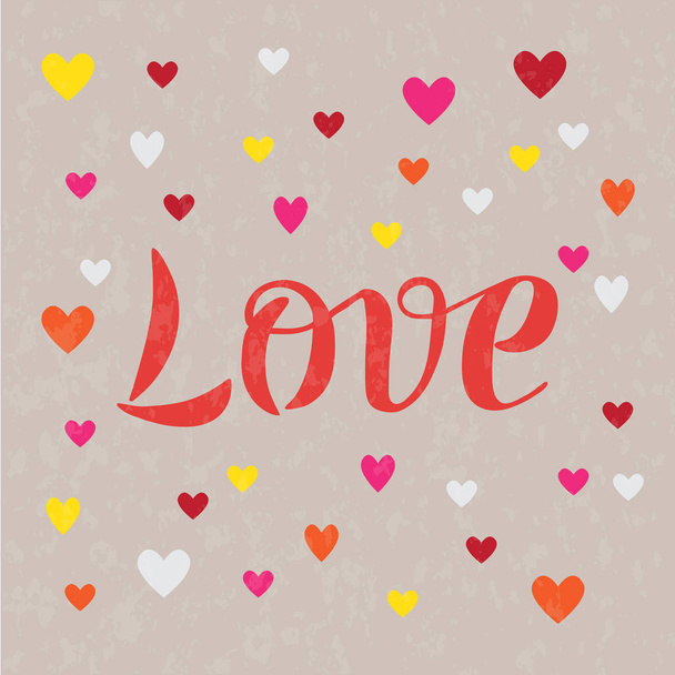 Love handwritten text on textured background with hearts. - Vector, Image