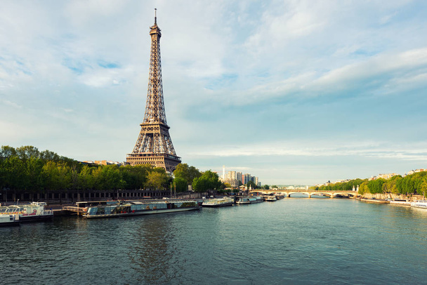 Eiffel tower in Paris from the river Seine in spring season. Par - Foto, afbeelding