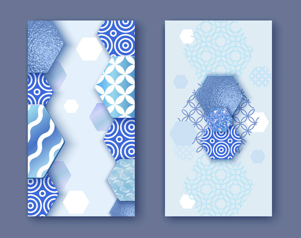 Brochure or packaging design set, two fold blue business banner vertical template or background in trendy geometric style, with japan floral pattern, glitter metal texture, vector fashion poster - Wektor, obraz