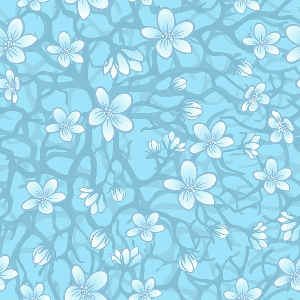 Vector seamless background with sakura blossoms, brunches and foliage. Eps outlined illustration in shades of blue. - Vecteur, image
