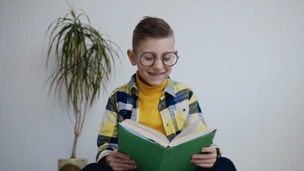 A charming little boy in glasses with blue eyes read a funny book at home. Schoolboy sitting near white wall reads interesting schoolbook . Pupil read book. White background. Indoors - Filmati, video