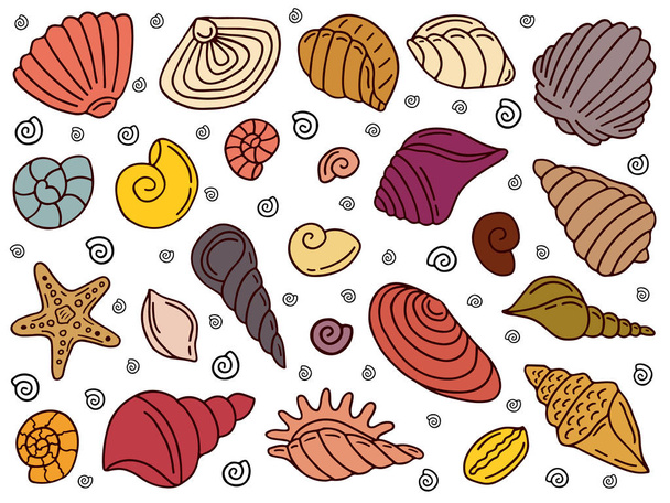 Állítsa be a doodle tengeri kagylókból, kreatív illusztráció - Vektor, kép