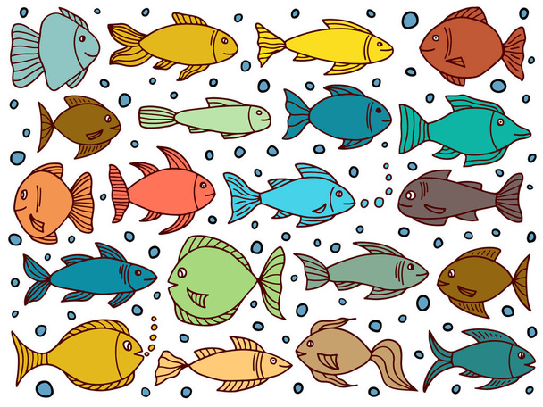 set with fishes in doodle style - Vector, Image