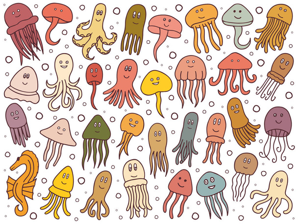 käsin piirretty joukko meduusoja ja mustekalaa
 - Vektori, kuva