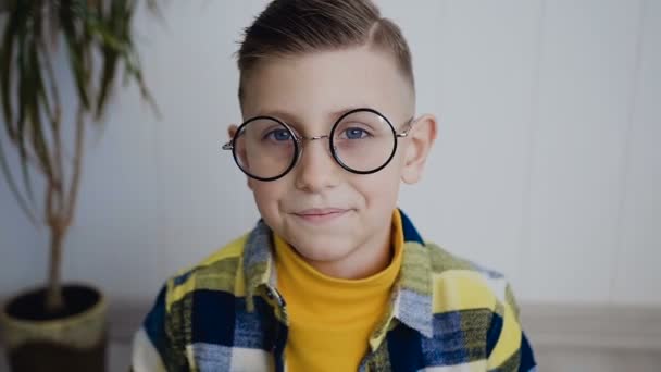A handsome boy with blue eyes in his glasses looks at the camera and closes his face with a book he read. In white background in indoors - Video