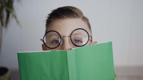 The little boy closed his face with a book. He has blue eyes and he wears glasses. The child smiles looking at the camera. Close up - Filmati, video