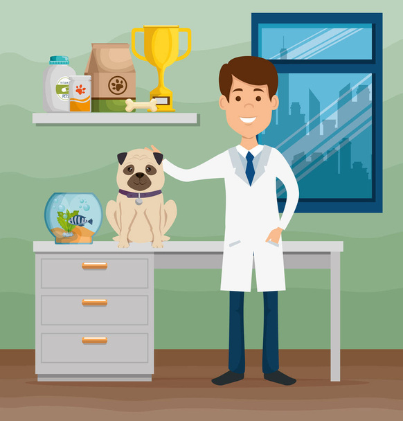 állat-egészségügyi orvos kabalája karakterrel - Vektor, kép