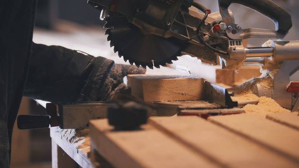 Carpintero trabajador figurando tablero de madera antes de serrar sierra circular
 - Foto, imagen