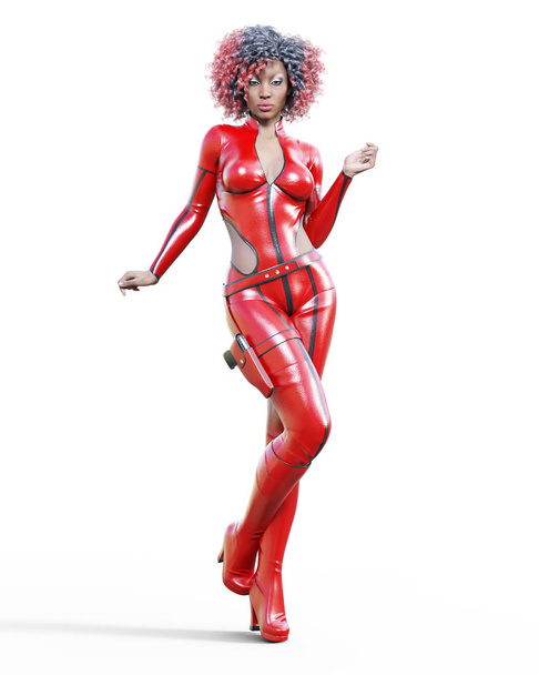 3D beautiful tall woman leather red bodysuit.Latex tight fitting suit.Gun in holster.Girl studio photography.High heel.Conceptual fashion art.Seductive candid pose.Realistic render illustration.  - Foto, afbeelding