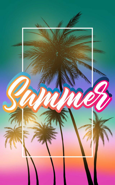 Zomer Californië tumblr achtergronden instellen met palmen, sky en zonsondergang. Zomer plakkaat poster flyer uitnodigingskaart. Zomer. - Vector, afbeelding