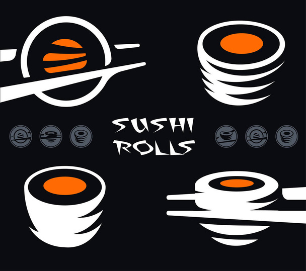 Japanese dish icon set, cold cooked rice with raw red fish garnish. Sushi and rolls bar stylized vector logo template. - Vector, Image