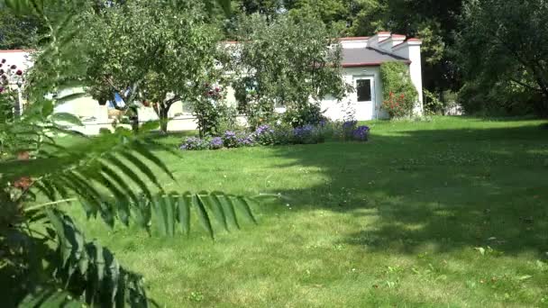 Hedelmäpuut, kukkapenkit kasvavat muuraus puutarha talon pihalla. 4K
 - Materiaali, video