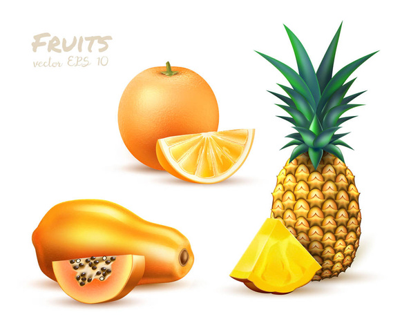 Conjunto de frutas exóticas realistas naranja papaya piña
 - Vector, imagen