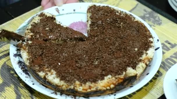 Closeup of a womans hand cut a piece off a homemade cake with chocolate chips and put it on a plate. - Metraje, vídeo