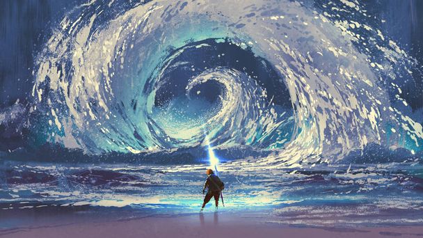 homme avec lance magique fait une mer tourbillonnante dans le ciel, art numérique style, illustration peinture
 - Photo, image
