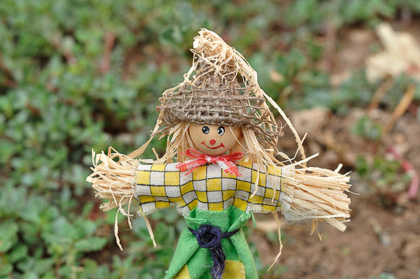 Une figurine d'épouvantail debout dans un jardin
 - Photo, image