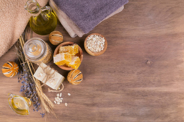 Honeycomb, cosmetic oil, sea salt, oat and handmade soap with ho - Fotó, kép