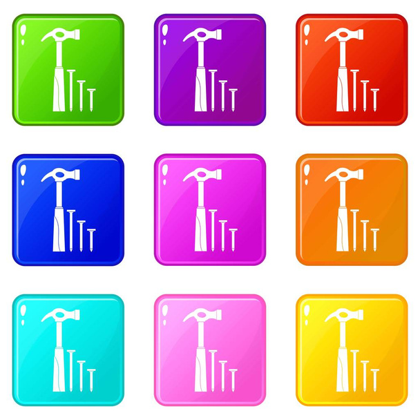 Hammer and nails icons 9 set - Vector, afbeelding