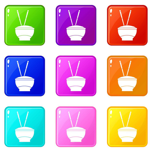 Bowl of rice with chopsticks icons 9 set - Vector, imagen