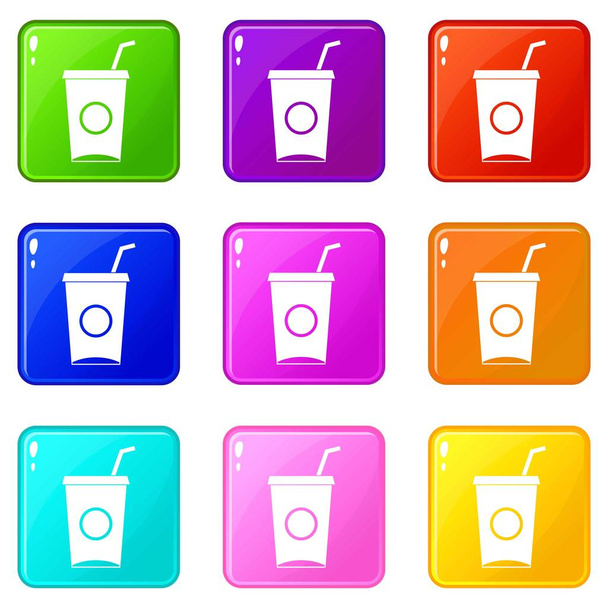 Soft drink in paper cup icons 9 set - Vektör, Görsel