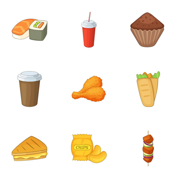 Heerlijke fastfood iconen set, cartoon stijl - Vector, afbeelding