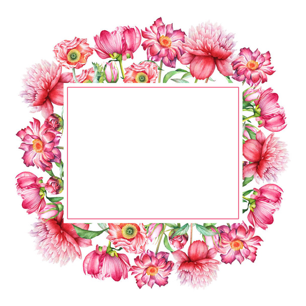 Watercolor floral design, pink and red flowers with green leaves with empty space for text isolated on white background. Useful for greeting, wedding, Valentine's day cards, scrapbook design element. - Photo, image