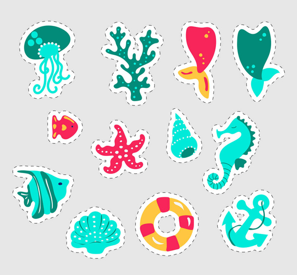 Summer stickers set. Fun stickers design vector in summer holidays concept. Summer labels, logos, hand drawn tags and elements set for summer holiday, travel, beach vacation, sun. Vector illustration - Vektor, kép