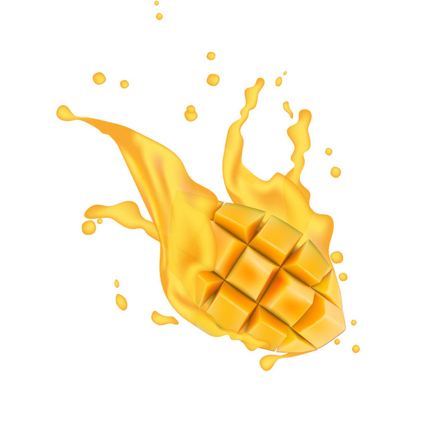 Gyümölcslé tej joghurt mango kockák fröccsenő. Juicy mango splash pack - Vektor, kép
