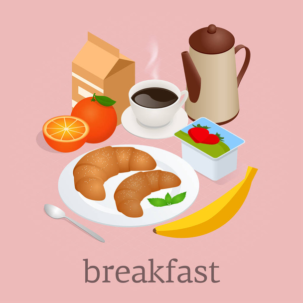 Isometric Breakfast and kitchen equipment concept. Breakfast served with coffee, orange juice, croissants, cereals and fruits. Balanced diet. Vector illustration - Vektör, Görsel