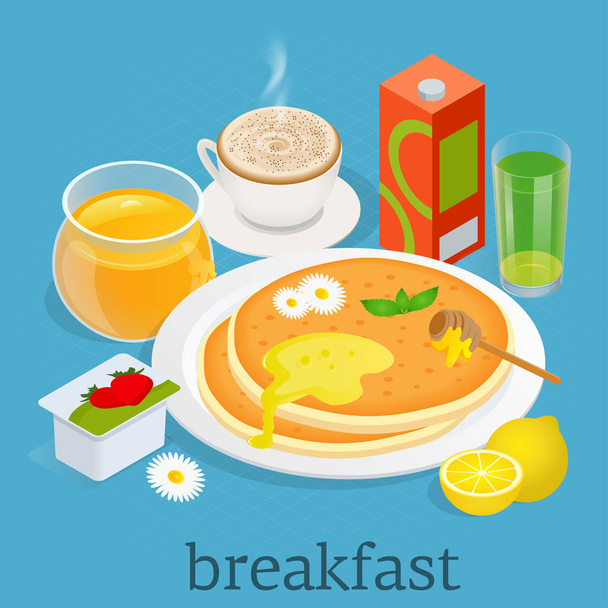 Isometric. Breakfast and kitchen equipment icons set. Breakfast served with yoghurt, coffee, juice, pancakes with berries and maple syrup. Balanced diet. Vector illustration - Vector, Image