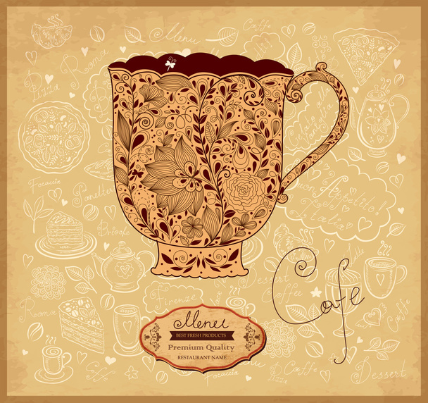 Pastel vintage floral card with beautiful cup - Вектор,изображение
